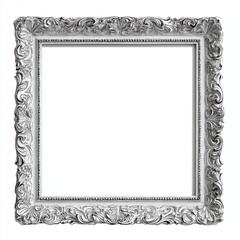 Empty white vintage frame with ornate baroque carving. Decorative square border for painting or mirror. Classic luxury interior accessory, isolated design element on white background.
