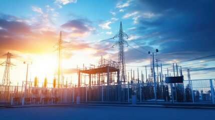 Naklejka premium Electrical Power Substation Infrastructure at Sunrise