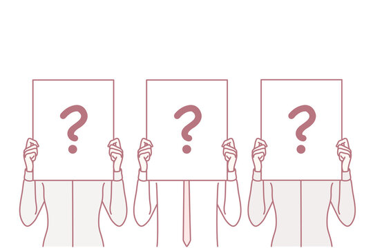 Several people stand side by side and cover faces with paper with question mark for recruitment business concept. Metaphor of searching for candidate for vacant position in company. Flat vector image