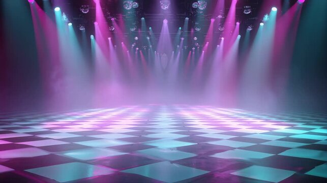 Glowing nightclub stage with purple and pink spotlights over a reflective checkered dance floor, creating a vibrant futuristic party background for concerts, events, and nightlife visuals