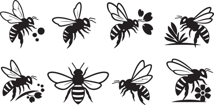 Collection of black bee silhouettes on white background