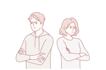 Man and woman stand in offended pose after quarrel or disagreement not wanting to communicate. Young family of guy and girl look in different directions with displeasure. Flat vector design
