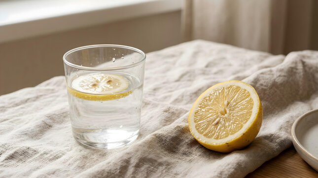 Photorealistic Sliced Lemon and Glass of Water Still Life on Neutral Surface