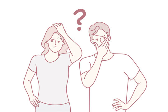 Thoughtful man and woman look forward embarrassedly touch mouth and head. Puzzled couple of guy and girl zoomers with question mark symbolizing uncertainty and lack of solution. Flat vector design