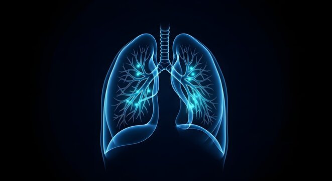 A medical illustration of human lungs with a glowing blue trachea and bronchi on a dark background