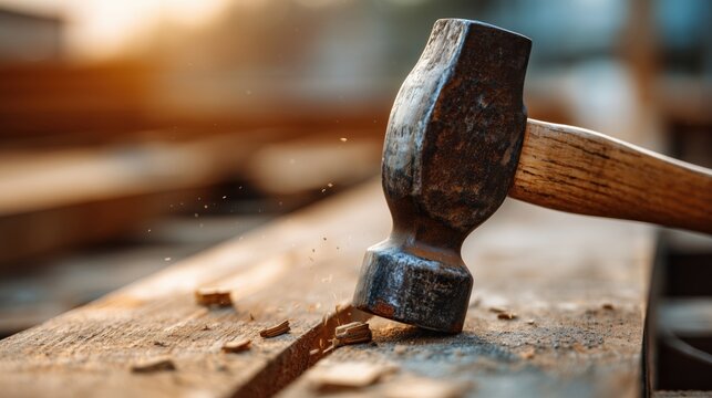 Old hammer striking wooden plank with flying splinters in workshop