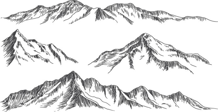 Hand drawn mountain range vector set, vintage sketch of rocky peaks and hills for outdoor adventure design