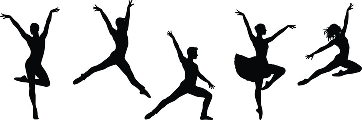 Ballet dancer silhouettes, graceful male and female figures, elegant dance poses, classical ballet performance, artistic movement, expressive choreography, stage art, body posture, motion illustration