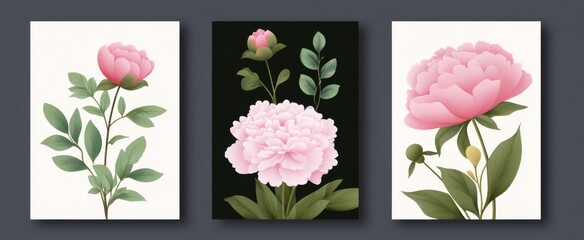 Obraz premium Set of cards showcasing peony flowers and greenery for a vibrant Mother's Day or bridal shower.