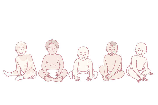 Preschool children of different races and nationalities sit side by side and look at screen. Diverse babies in diapers to advertise products for kids and young mothers. Flat vector illustration