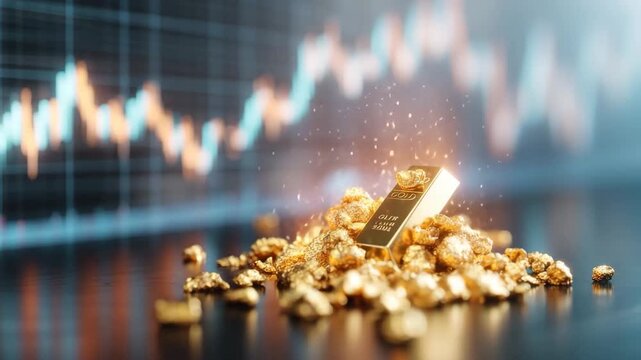 Gold bar nugget investment wealth finance market luxury bullion savings commodity glow pile with sparkle under trading chart background