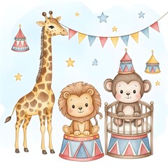Fototapeta premium Watercolor Circus Animals Illustration with Giraffe and Lion, Cute Baby Monkey Nursery Party Art.