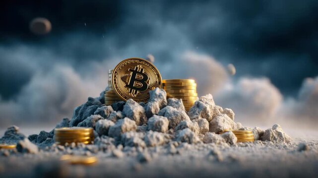 Cryptocurrency digital coin gold coin currency finance investment wealth shine on golden stack over rubble, risky profit amid storm cloud