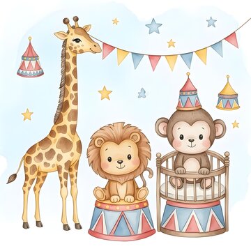 Watercolor Circus Animals Illustration with Giraffe and Lion, Cute Baby Monkey Nursery Party Art.