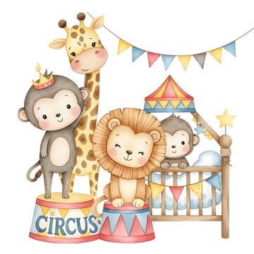 Watercolor Circus Animals Illustration with Giraffe and Lion, Cute Baby Monkey Nursery Party Art.