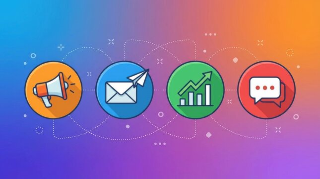 illustration of four icons representing communication and growth on gradient background