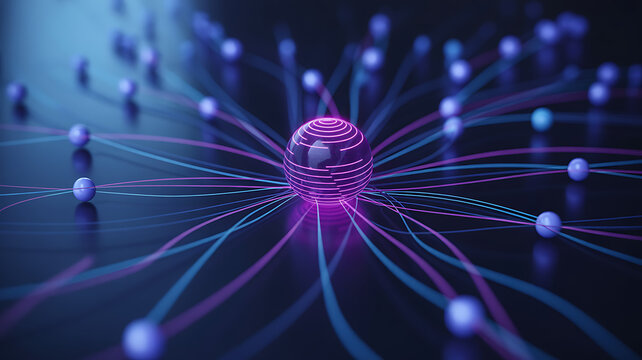 Abstract 3D digital data visualization showing a central glowing purple core with ring patterns connected to blue network nodes