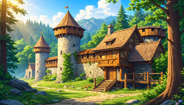 Medieval fantasy castle and wooden house in forest mountain landscape