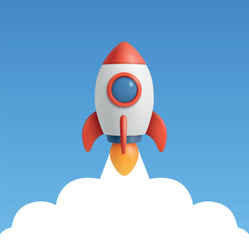 Rocket Launch Banner with Copy Space, Vector 3d Minimal Square Banner. Startup Space Travel Header, App UI Background. Blue and White Rocket Launch on Blue Sky Clouds