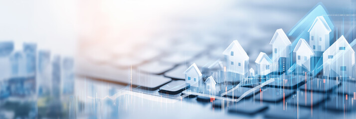 Rising transparent house icons soar above a keyboard symbolizing real estate digital investment growth.