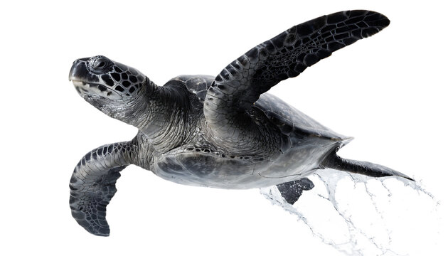 Gray leatherback sea turtle with mottled skin swimming marine reptile cut out on PNG background. AI generated.