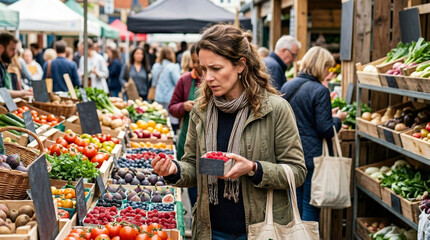 Obraz premium Woman choosing fresh raspberry at outdoor farmers market. Customer holding berry crate in local grocery shop. Shopping for organic fruit and vegetable. Healthy food lifestyle concept.