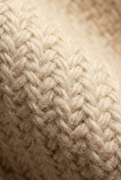 Vertical stock photo of beige knitted wool fabric texture. Macro close-up of cozy sweater material with soft yarn pattern and fibers.