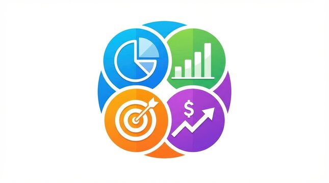 graphic illustration of business and finance icons on white background