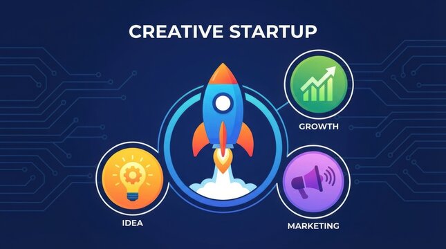 creative startup concept with rocket and icons representing idea, growth, and marketing