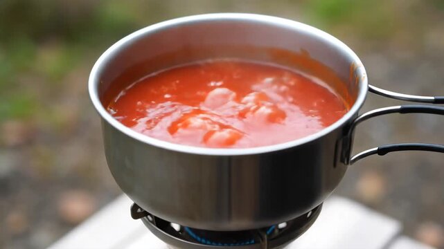 Cooking Tomato Soup Outdoors on a Portable Stove.