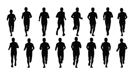 Collection of diverse silhouette figures of people running in different poses and styles on a white background for athletic and fitness concepts