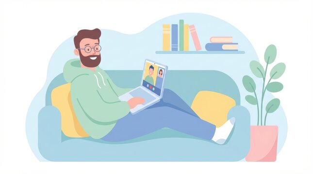 man sits comfortably on couch with laptop in cozy home environment.