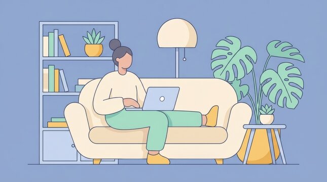 woman sits comfortably on couch with laptop in cozy living room setting