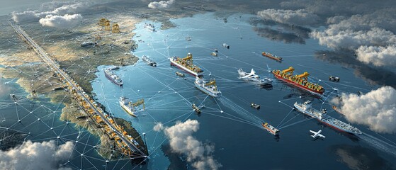 3D visualization of global logistics showing cargo ships, freight trains, trucks and airplanes