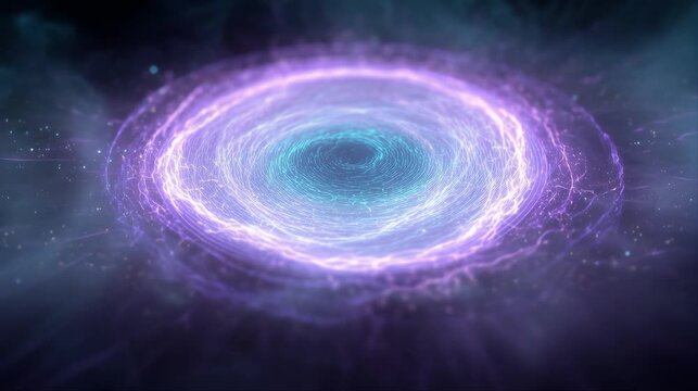 Luminous purple vortex spins around a dark center, forming an abstract cosmic portal with glowing energy, soft particles, and a dreamy futuristic space atmosphere.