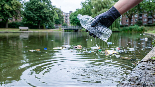 Hand wearing glove dropping plastic bottle into polluted water  