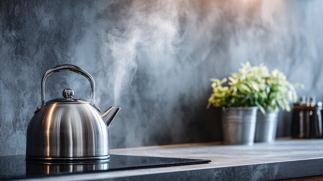 Stainless steel kettle boiling with steam on induction hob in modern kitchen