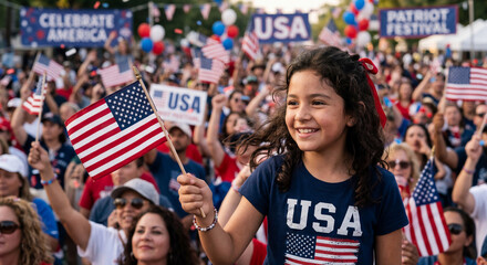 Fototapeta premium Happy Girl Waving American Flag At Street Parade