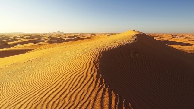 A vast desert scene with endless sand dunes stretching out under a clear, cloudless sky.