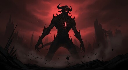 Fototapeta premium A formidable demon with glowing red eyes and sharp claws stands in a desolate, smoky landscape under a crimson sky, exuding an aura of power and menace, depicted in a dark fantasy illustration