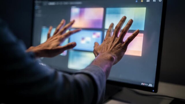 Shot of a digital workspace with AI tools highlighting quick edit options on video thumbnails emphasizing hands interacting with the interface.