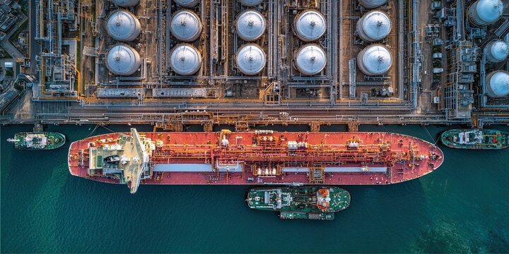 An LNG tanker anchored in the gas terminal storage tanks. An oil and gas bunker vessel in the tanker bay. View from above.