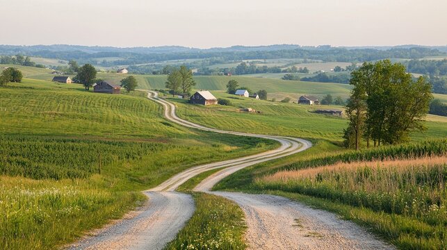 A vast rural area with open farmland, scattered houses, and winding dirt roads leading through fields.