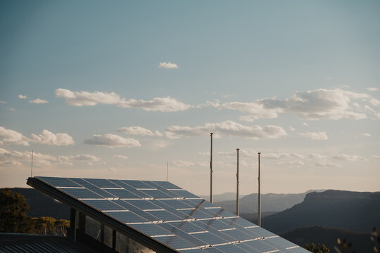Renewable energy solar panels overlooking the Blue Mountains National Park