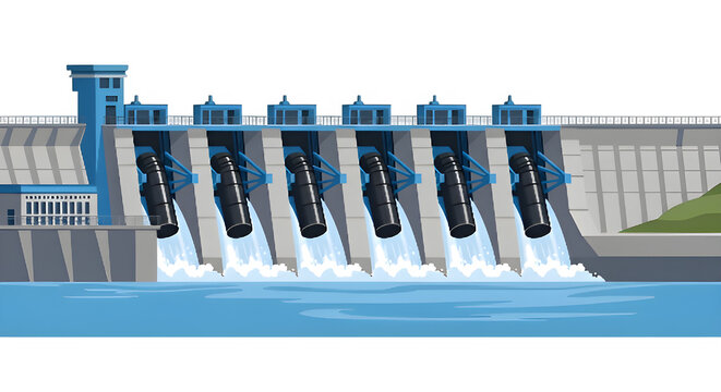 Blue dam spillway gates releasing water.