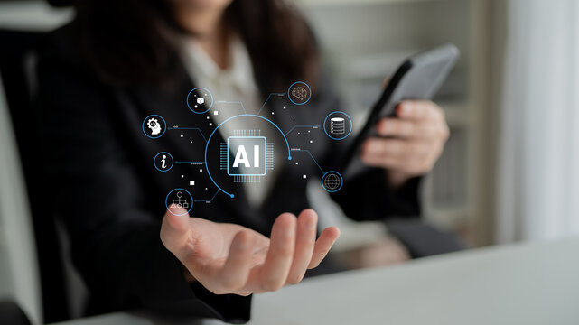 Artificial Intelligence (AI) as a core technology. A concept of an AI ecosystem powering data analysis, machine learning, and global networks. Motif