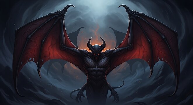A fearsome demon with large red wings outstretched against a smoky, dark background, embodying a dark fantasy creature