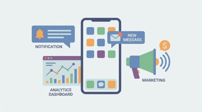 smartphone with various marketing and analytics icons surrounding it