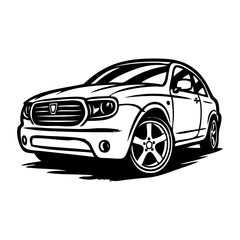 Logo concesionario de coches. Dibujo con líneas de la vista en perspectiva de un vehículo de lujo © teracreonte