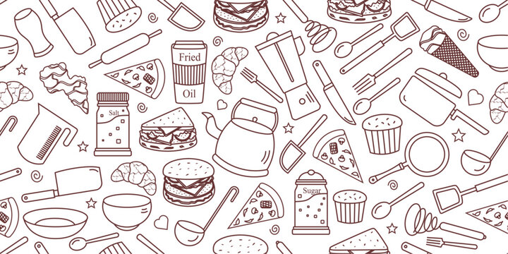 Hand-drawn doodle pattern of kitchen tools and fast foods. Kitchen utensils and fast food doodle pattern background. Seamless kitchenware with fast foods in doodle style. 